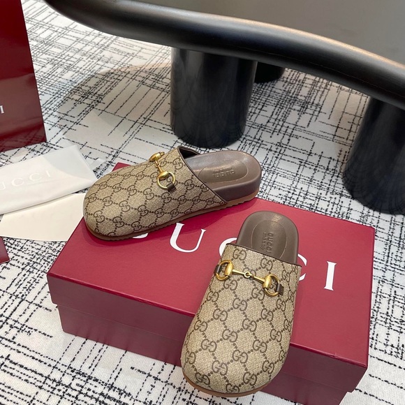 Gucci Beige Monogram Mules with Gold Horsebit - Picture 1 of 9